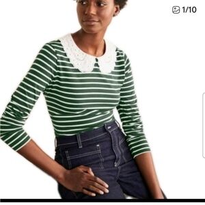 Boden Green and White Striped Long Sleeve Top